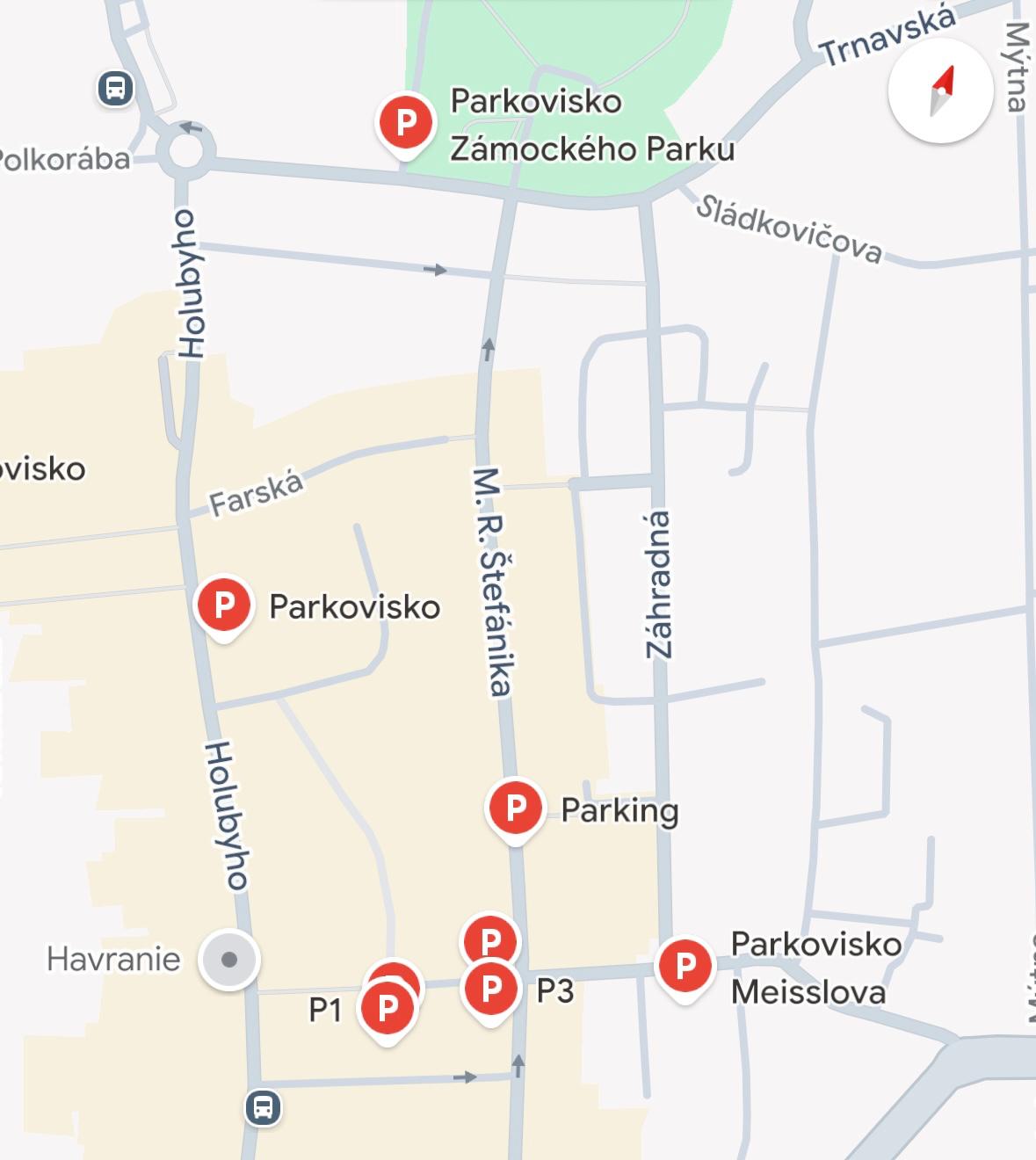 Mapa s odporúčanými ulicami na parkovanie